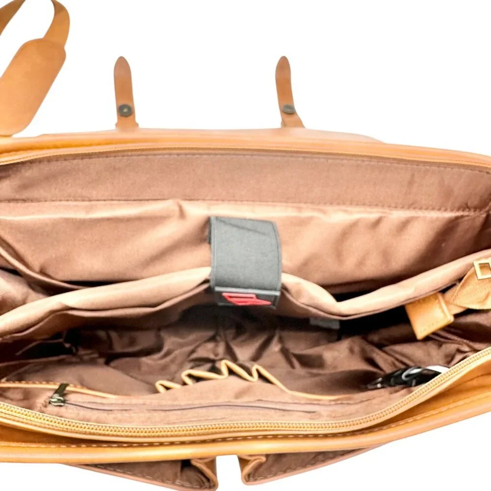 Leather Laptop Briefcase Adjustable Shoulder Strap Multiple Compartments Brown